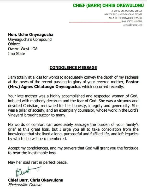 CONDOLENCE MESSAGE