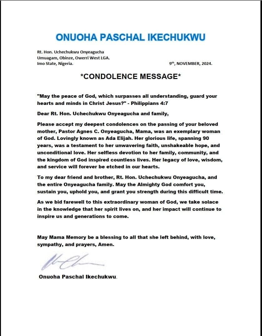 CONDOLENCE MESSAGE